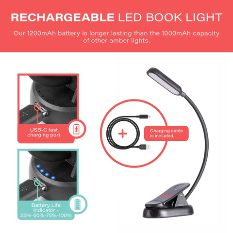 Sleek Rechargeable Clip On Book Light Blocking Blue Light With Amber And Red Led Stepless Dimming For Late Night Reads showing USB-C port and charging cable.
