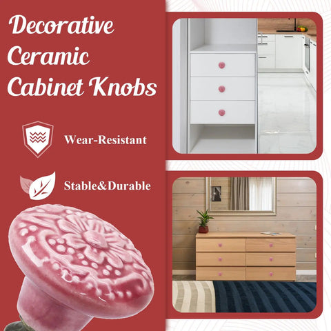 Vintage Rose Red Ceramic Kitchen Cabinet Knobs 16 Piece Set With Solid Zinc Alloy Base on cabinet drawers and dressers.