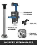 Top Shelf Commercial Immersion Blender With 18 Inch Stainless Steel Shaft And Variable Speed Motor with heavy-duty power pack and accessories.
