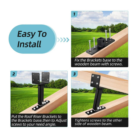 Pro Heavy Haul Adjustable Saddle Pergola Roof Riser Kit For 4x4 Wood Beams showing installation steps on wooden beams in a backyard setting.