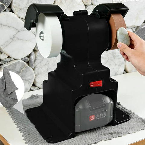 Cordless Mini Bench Grinder And Polisher Packing 200 Watt Motor And 7000 RPM With Dual Rechargeable Batteries, showcasing polishing pad and motor.