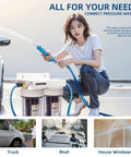 Zero Towel Drying Deionized Water Rinse System For Cars Trucks And Boats, shown in use with a woman rinsing a car.