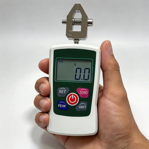 Straight Shooter 500N Digital Force Gauge equipped with a secure test clamp, showing 0.0N measurement in hand.