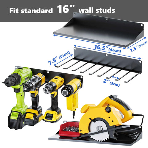 Two Pack Power Tool Drill Holder Wall Mount Organizer Rack Set Heavy Duty Steel Garage Storage with drills and saw displayed