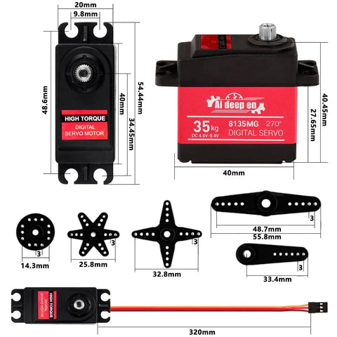 High Torque 35KG Digital RC Servo 4.8 to 8.4V Full Metal Gear Waterproof 2 Pack with 25T Servo Horn and dimensions