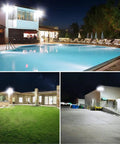 Top Shelf 2 Pack 300W Led Flood Lights Outdoor 5000K Daylight White illuminating a poolside and outdoor areas at night.