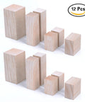 12 Pcs Balsa Wood Blocks For Carving Kit With 4 Sizes For Whittling And Craft Projects Unfinished Wood Blocks Made For DIY Folks Beginners And Pros Alike 2x1x1 4x1x1 4x2x2 2x2x1 Inches displayed on a white background with two sets of blocks in various sizes and dimensions.