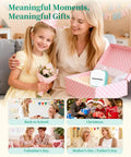 Mother and daughter smile while holding a Compact T02 Mini Sticker Printer gift box in a home setting, emphasizing gift occasions.