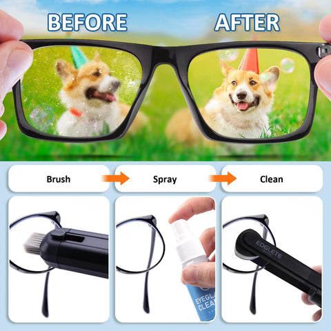 Glasses cleaning kit with spray bottle, cleaning brush, and microfiber cloth; black portable eyeglass cleaner for travel
