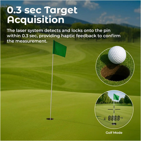 Golf Range Finder With Slope Switch On Off 1200 Yards Laser Range Finder Flag Lock Vibration 6x Magnification Side Display image showing green field and flag.