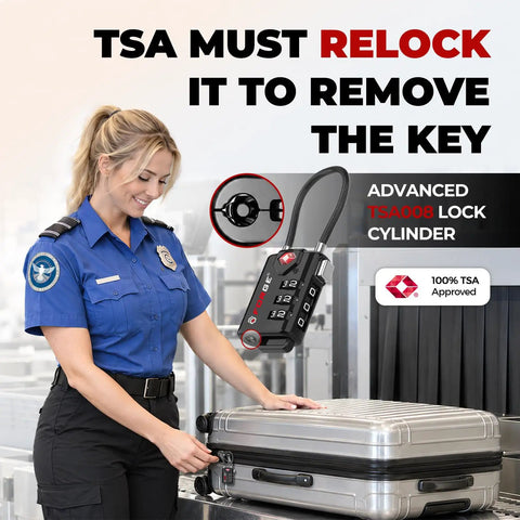 Tsa Approved Travel Luggage Cable Locks Built Solid With Heavy Duty Alloy Design And Smart Open Alert Mechanism To Keep Your Gear Locked Down Tight Black Two Pack with TSA officer using lock on suitcase.
