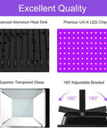 Close-up details of Super Bright UV Black Light 100W Flood Light With 10ft Power Cord IP66 focusing on LED chips and adjustable bracket.