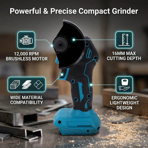 Heavy Duty Cordless Mini Circular Saw and Angle Grinder With Brushless Motor Running 12000 RPM and Three Speed Settings for Lightning Fast Cuts Through Wood Metal and Tile a Built Damn Tough Staple for Serious DIY Enthusiasts showing ergonomic design and 16mm cutting depth.
