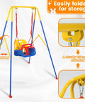 All In One Toddler Swing Set With Metal A Frame Stand Foldable Baby Swing Frame Easy Assembly and Storage; blue and yellow.