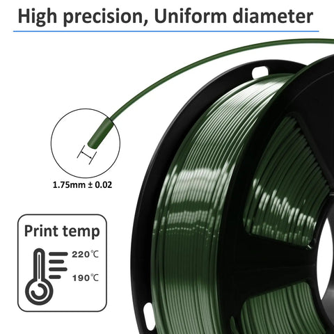 Shiny Silk Green PLA Filament For 3D Printers 1.75Mm Diameter 1Kg Spool showing high precision and uniform diameter.