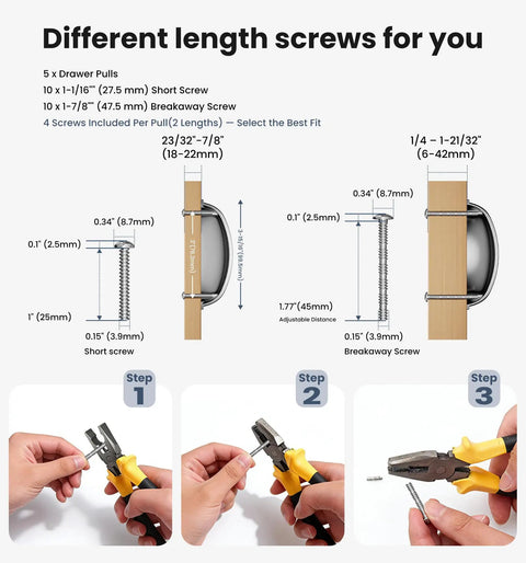 Top Shelf Brushed Nickel Cup Pulls 3 Inch Center To Center For Kitchen Cabinets And Bathroom Vanities Three Pack showing screw sizes and installation steps.