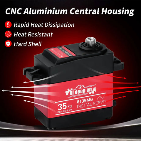 High Torque 35KG Digital RC Servo with CNC Aluminum Housing, heat resistance, and waterproof features for RC cars and robots.