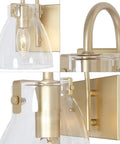 Close-up details of Two Light Gold Vanity Light Fixture with Clear Glass Shades, Modern Bronze Backplane, Hand Painted Gold Finish