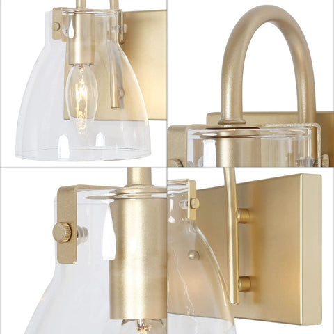 Close-up details of Two Light Gold Vanity Light Fixture with Clear Glass Shades, Modern Bronze Backplane, Hand Painted Gold Finish