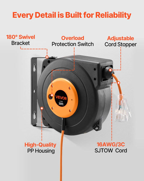 Heavy Duty 30 Ft Retractable Extension Cord Reel With Automatic Rewind And Triple Grounded Sockets Badass 16 Awg Cable showing a wall-mounted unit with protectors and swivel bracket.