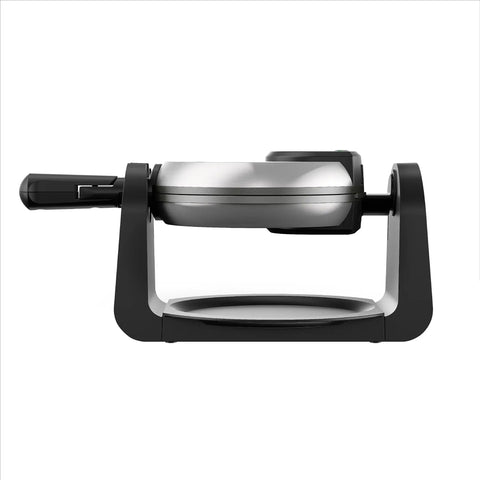 Side view of Four Slice Belgian Waffle Maker With Flip Feature For Evenly Cooked Waffles Cool Touch Locking Handle Silver Finish