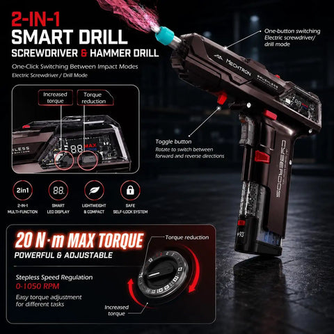 Futuristic Cordless Drill Kit And High Torque Rechargeable Power Tool Set showing a sleek, 2-in-1 smart drill with LED display and adjustable torque.