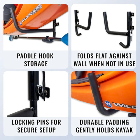 Heavy Duty Swivel Kayak Rack For Garage Walls That Folds Flat shows paddle hook storage, folding design, and durable padding.