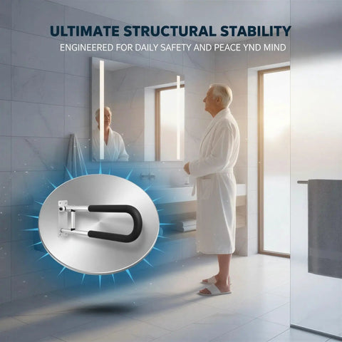 Heavy Duty Flip Up Toilet Safety Rail And Wall Mount Grab Bar Crafted From Heavy Aluminum With Sure Grip Design for seniors bathroom safety.