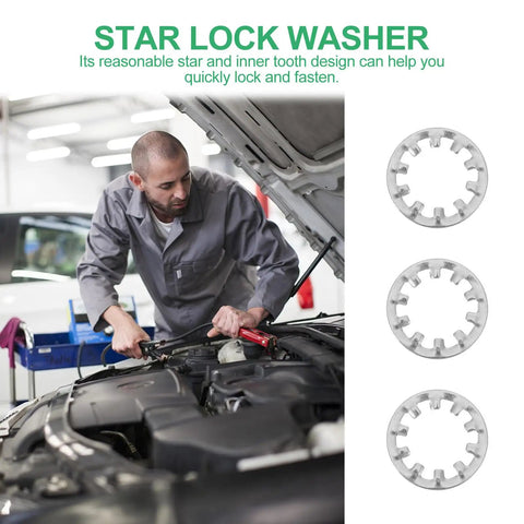 Mechanic using 300 Piece Stainless Steel Serrated Lock Washers Assortment Kit with Internal Tooth Star Washers