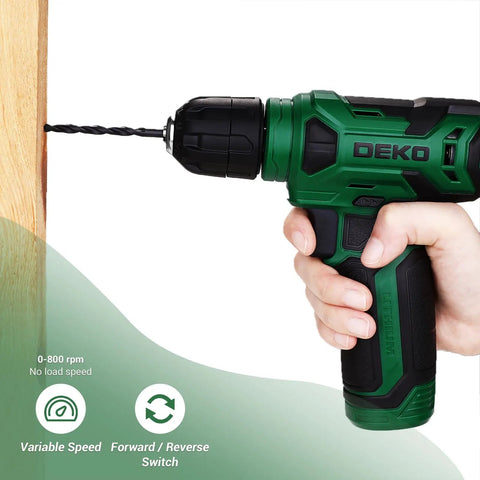 Smooth As Hell 8V Cordless Drill Set With One Hand Keyless Chuck And 42 Piece Accessory Kit Built In Bright Led Work Light Type C Fast Charge Cable in use drilling into wood.