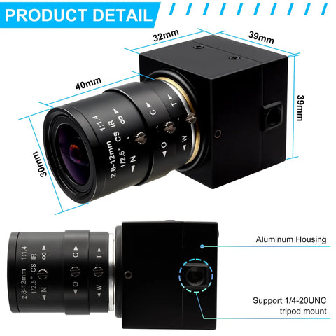 1080P USB Webcam with 2.8-12mm varifocal lens for video conference and streaming, dimensions and aluminum housing details shown