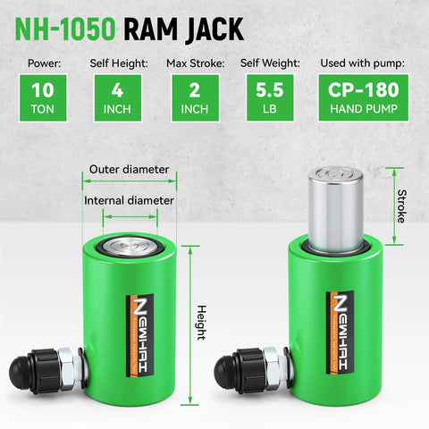 Bad Ass 10 Ton Hydraulic Cylinder Jack Pair With CP 180 Portable Pump showcases green ram jacks with 4 inch height and 2 inch stroke.