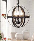 Three Light Vintage Pendant Chandelier In Matte Black With Spherical Shades, E12 Base, hanging in a modern room.