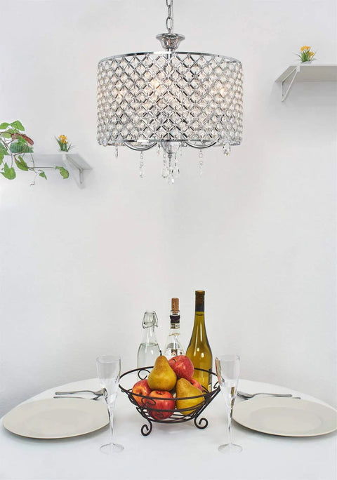 Briolette 16 Inch Four Light Crystal Chandelier With Round Beaded Drum Shade Adjustable Height Chrome Finish over dining table