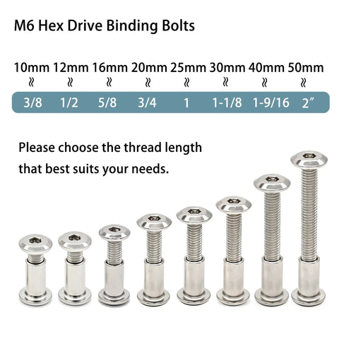 M6 Hex Drive Binding Bolts with various lengths shown, part of Heavy Duty M6x10mm Hex Socket Cap Bolts And Zinc Plated Barrel Nuts 10Pack Kit.