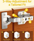 3 Way Adjustment for Full Overlay Soft Close Cabinet Hinges 20 Pack, showing depth, overlay, and height options for tailored fit.