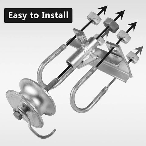 Heavy Duty Galvanized Steel Sliding Gate Rollers With Smooth Glide Design For Chain Link Fences Dual U Pipe Track Hardware Built To Last A Ton For Two Inch Frames And One Point Five Eight Rails Two Pack close-up view of roller and installation components.