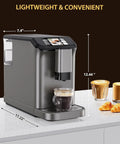 Next Level Twenty Bar Espresso Machine With Integrated Milk Frother And Smart Touchscreen on countertop, dimensions 7.4" x 17.22" x 12.44".