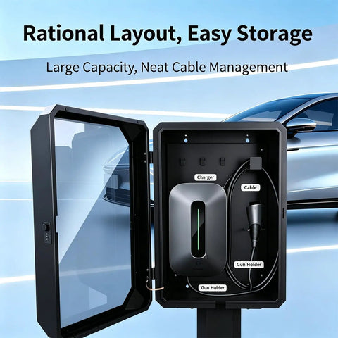 Heavy Duty Outdoor Electric Vehicle Charger Cover With Lock Badass Weatherproof Shield Designed For Wall Mount And Pedestals showing inner layout with charger and cable storage.