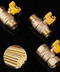 Rock Solid Brass Ball Valve With Comfort Grip Handle And No Sweat Male Female Threads For Quick Diy Plumbing Fixes, 3 valves with yellow handles.