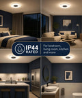 Dimmable 15 Inch LED Ceiling Light With Bluetooth Speaker, 24W, in bedroom, living room, kitchen, and bathroom settings.
