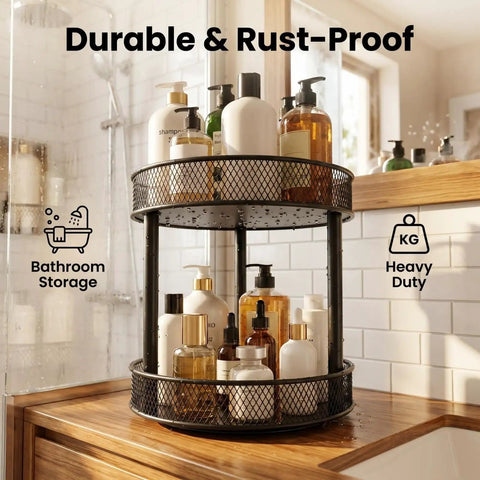 Two Pack Two Tier Lazy Susan Organizer Smooth Rotating Metal Turntable Total Win For Kitchen Pantry Spice Rack Bathroom Vanity And Deep Cabinet Storage with bottles on black metal carousel.