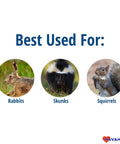Illustration showing rabbits, skunks, squirrels for Medium One Door Live Catch Humane Trap with smooth edges for safe release.