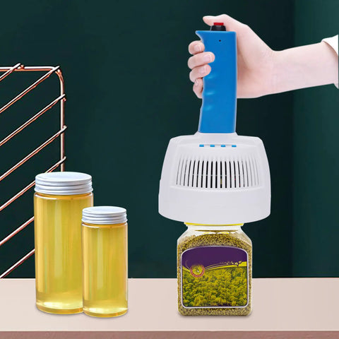 Handheld Induction Sealer Gun With 110V Electromagnetic Heating Seals Plastic And Glass Bottles in use with jars on a table.