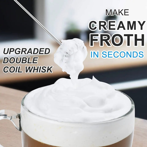 Powerful Milk Frother With Double Whisk Handheld Electric Foam Maker creating creamy froth for latte.