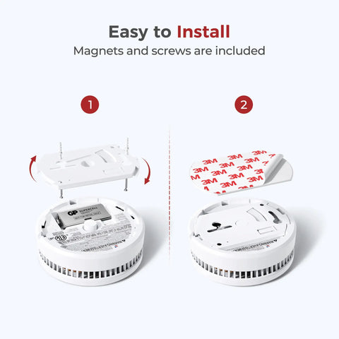 Built Tough Smoke Detectors With Replaceable Batteries Featuring Dual Wave Sensing For Lightning Fast Alerts And Rock Solid 85 Decibel Volume In A Totally Legit Eight Pack Set For Your Whole Home Safety Game installation guide showing mounting options and included materials.