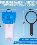 10 Inch Whole House Water Filter System With Hella Durable Thick Walled Transparent Housing And Classy Three Quarter Inch Brass Fittings Paired With Four Sick 5 Micron Pleated Sediment Cartridges, featuring dimensions and cartridge compatibility.