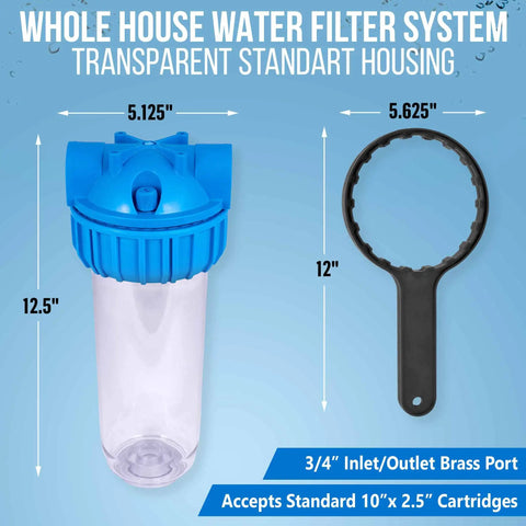 10 Inch Whole House Water Filter System With Hella Durable Thick Walled Transparent Housing And Classy Three Quarter Inch Brass Fittings Paired With Four Sick 5 Micron Pleated Sediment Cartridges, featuring dimensions and cartridge compatibility.