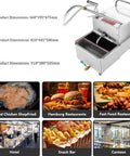 Commercial Mobile Deep Fryer Oil Filter Cart With Rolling Wheels, Heavy Duty Cooking Oil Separator Filtration Machine for Restaurant and Supermarket Use 65 Gallon Capacity with dimensions.