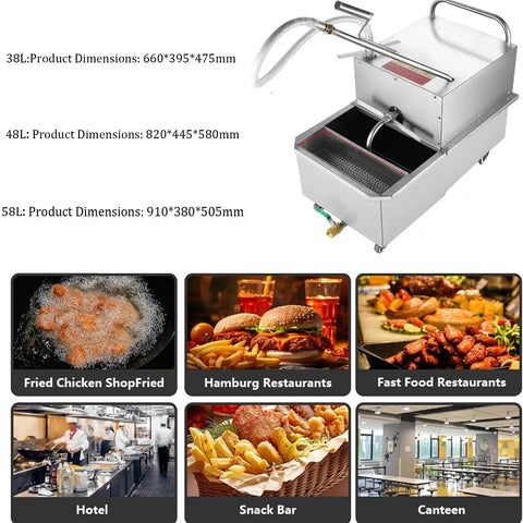 Commercial Mobile Deep Fryer Oil Filter Cart With Rolling Wheels, Heavy Duty Cooking Oil Separator Filtration Machine for Restaurant and Supermarket Use 65 Gallon Capacity with dimensions.